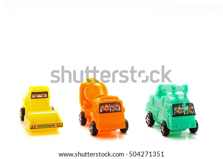 Industrial Toy car , Hoisting crane, concrete mixer,Steamroller,on white background