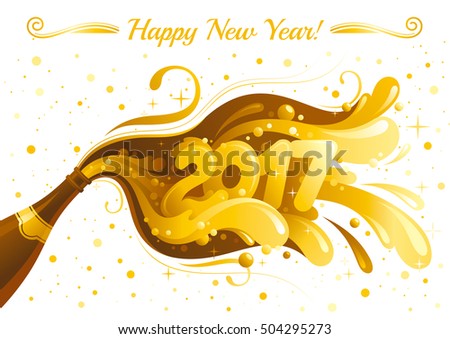 Happy New Year 2017 vector banner with sparkling champagne wine bottle with bubbles. Alcohol drink concept illustration. Isolated on white background. Swirls pattern design. Elegant text lettering.