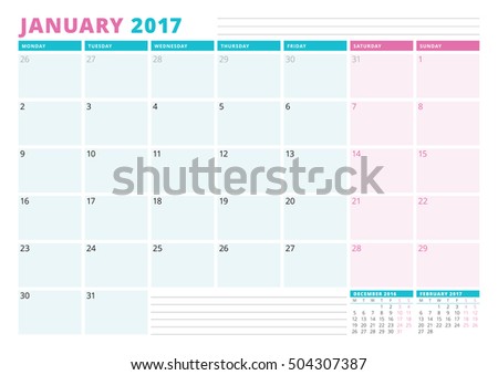 Calendar Planner Template for 2017 Year. January. Business Planner Template. Stationery Design. Week starts Monday. Vector Illustration