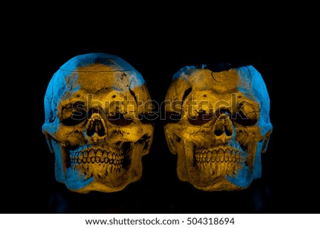 Ceramic skulls on black background. Colorful light.