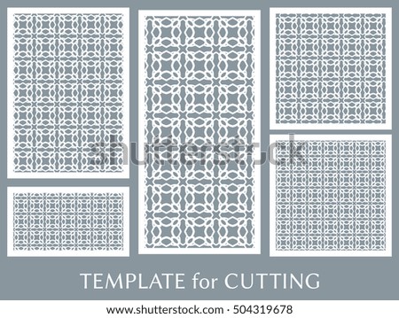 Wedding invitation, Greeting card and Business card template set. Cut out paper cards with lace pattern. Ornate geometric card for laser cutting. Vector line backgrounds collection