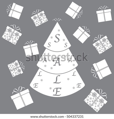 Vector illustration of Christmas tree with text sale and collection of presents and gift boxes. Design element for postcard, invitation, banner or flyer.