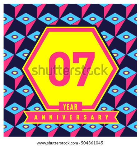 7th years greeting card anniversary with colorful number and frame. logo and icon with Memphis style cover and design template
