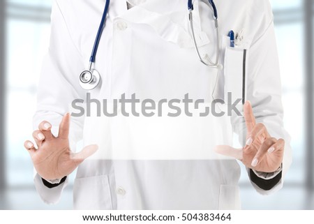 Female doctor holding and empty placeholder, isolated in white