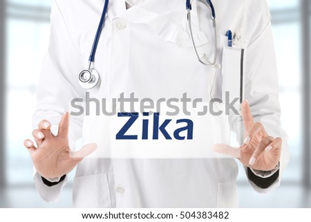 Female doctor holding a placeholder with the word Zika