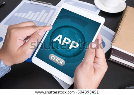 APP drawn media icons  Modern people doing business, graphs and charts being demonstrated on the screen of a touch-pad,blank screen copy space