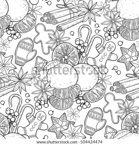 Holly leaves and berries, coniferous branches and cones in blue colors. Vector seamless pattern. Coloring book page design for adults and kids.