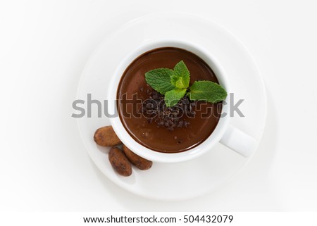 cup with hot chocolate decorated with mint, top view, horizontal