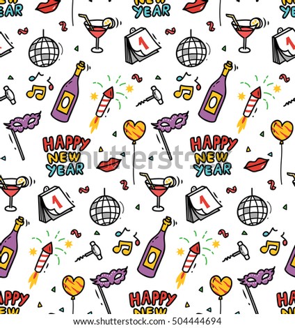 New year party doodle seamless background