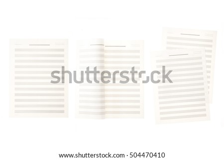 A set(group) of empty(blank) white(vintage, old) note(book, music note, score) spread isolated white.