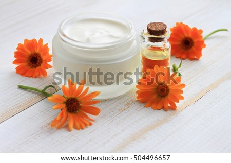 Jar of white body care cosmetic cream, herbal oil extract bottle, fresh calendula flowers.

