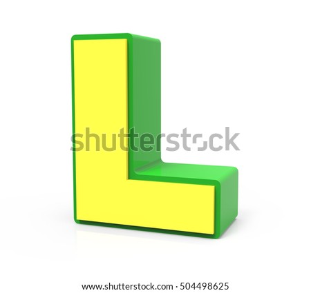 3d rendering Toy letter L isolated on white background, yellow alphabet with green frame, right leaning 