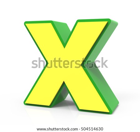 3d rendering Toy letter X isolated on white background, yellow alphabet with green frame, right leaning 