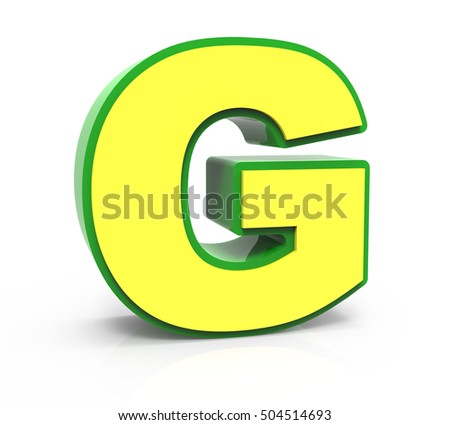 3d rendering Toy letter G isolated on white background, yellow alphabet with green frame, left leaning 