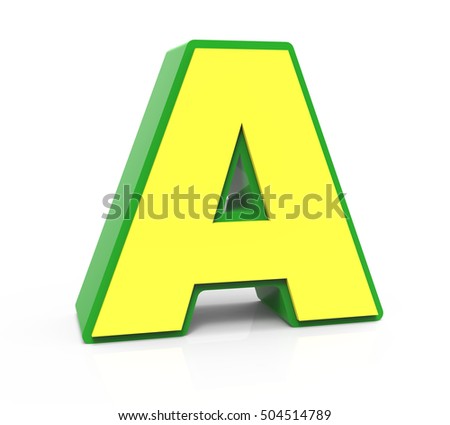 3d rendering Toy letter A isolated on white background, yellow alphabet with green frame, left leaning 