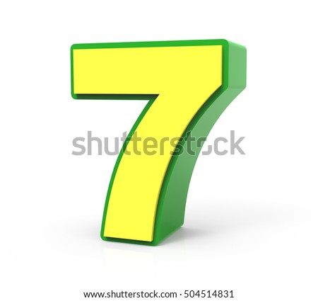 3d rendering Christmas number 7 isolated on white background, yellow number with green frame, righting leaning