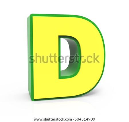 3d rendering Toy letter D isolated on white background, yellow alphabet with green frame, left leaning 
