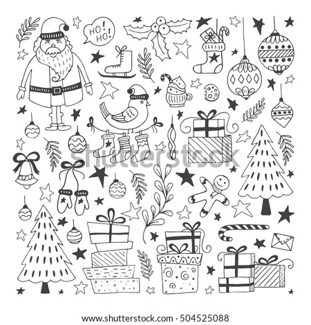 Vector Set of hand drawn outline Christmas illustrations. Clipart collection with Santa Claus, Christmas ball, gifts, christmas tree. Vector elements for Xmas design.
