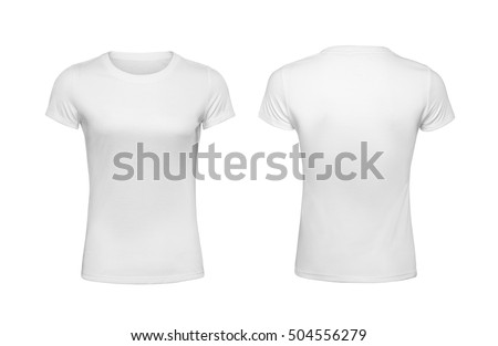 Blank white female t-shirt, front and back isolated on white with clipping path Royalty-Free Stock Photo #504556279