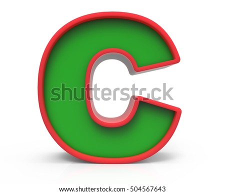 3d rendering Christmas letter C isolated on white background, green alphabet with red frame for holiday 