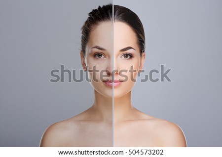 Comparison portrait of woman. Divided face of woman with perfect skin. One half of face without make-up, before. Another half of face with make-up, after. Studio, head and shoulders, indoors  Royalty-Free Stock Photo #504573202