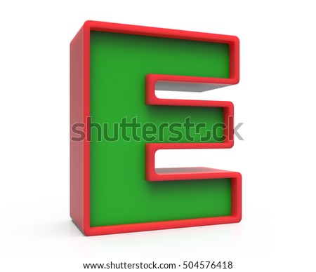 3d rendering Christmas letter E isolated on white background, green alphabet with red frame for holiday, left leaning 