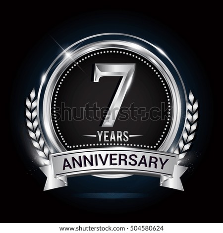 7th silver anniversary logo with laurel wreath, ribbon and silver ring. vector design