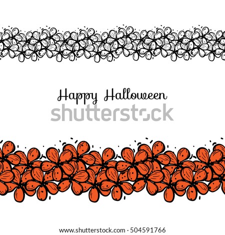 Happy Halloween. Seamless pattern. Floral border. Card. With the orange and white fill. Vector illustration.