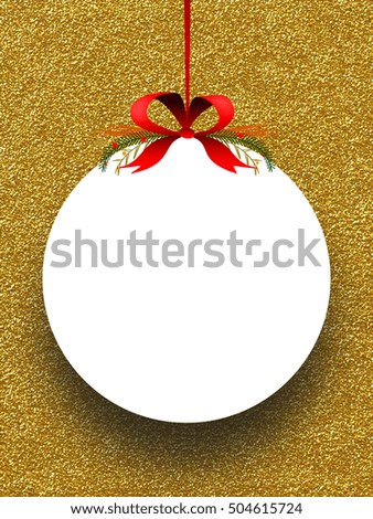 Single round blank frame hanged by red ribbon against golden glitter background
