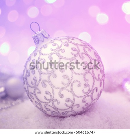 decoration with silver ball and snow on xmas Bokeh