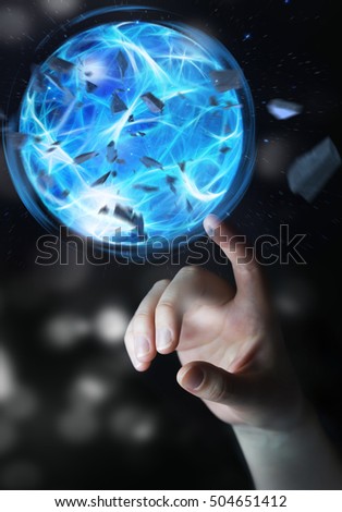 Superhero creating an exploding blue power ball with his hand 3D rendering
