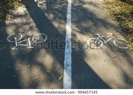 Bicycle road sign on asphalt with fallen leaves.