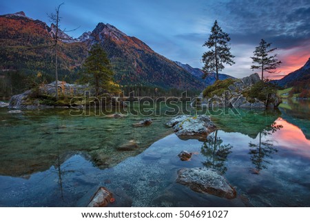 Alps in autumn. Image of Hintersee located in southern Bavaria, Germany during autumn sunset.