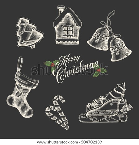 Vector set of vintage hand drawn Christmas objects and symbols on black. Gingerbreads, sock, sleigh, bells in Sketch style. Happy New Year