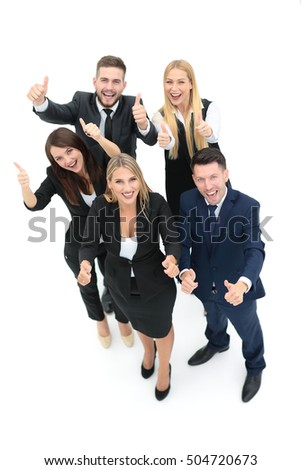 Successful business people looking happy and confident. Showing 