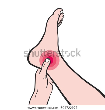 Stretch out one's hand to touch the foot because have ankle pain. Drawn by hand. Vector medical scenes.