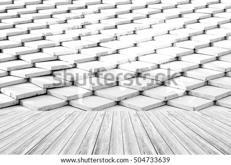 Tile roof of old Thai temple texture surface white color use for background with Wood terrace and world map