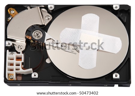 Destroying data from hard disk - conceptual photo. On white background