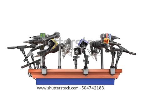 Press concept. Conference meeting microphones with tribune on white background. 3d illustration