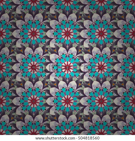 Seamless pattern with red flowers on navy blue background. Vector illustration.