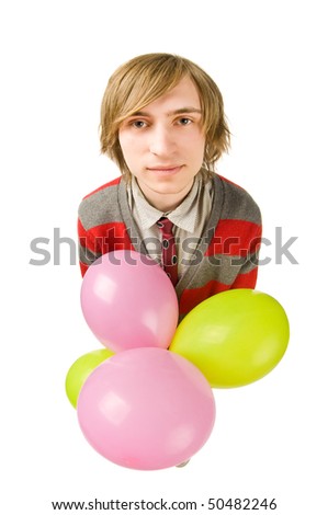 Funny fisheye portrait of young man with balloon
