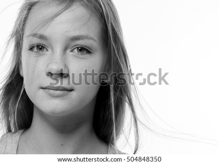 Teenager girl woman female portrait freckles face isolated black and white