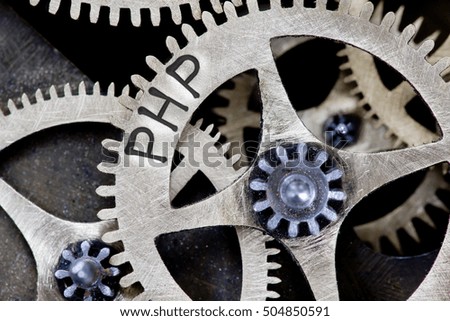 Macro photo of tooth wheel mechanism with PHP concept words