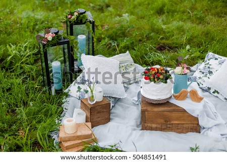 Picnic with the decor, candles, lanterns, flowers and white cake