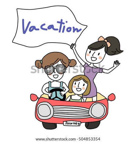 Cute girls driving a convertible cheerfully. Women friendship. Happy Vacation. Vector illustration. 