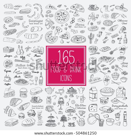 Vector set with food and drink hand drawn doodles. Sandwiches, Tea time collection, italian, mexican, asian food, sausages, dairy products, pizza Illustration for menus, recipes and packages product