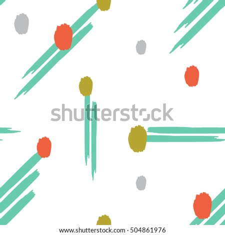 Seamless hand draw brush and spot pattern in green yellow orange and grey.
