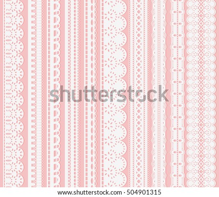 Set of seamless lattice borders. Ten white lace ribbons isolated on pink background. Vector illustration