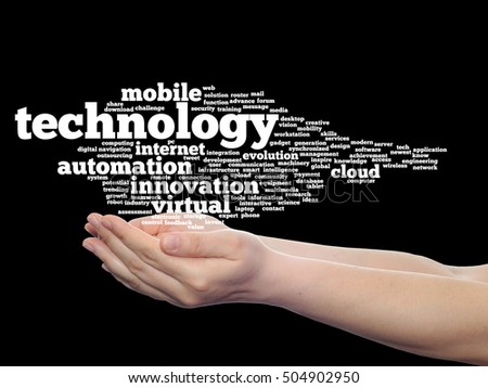 Concept or conceptual digital smart technology, media word cloud in hand isolated on background metaphor to information, innovation, internet, future, development, research, evolution or intelligence