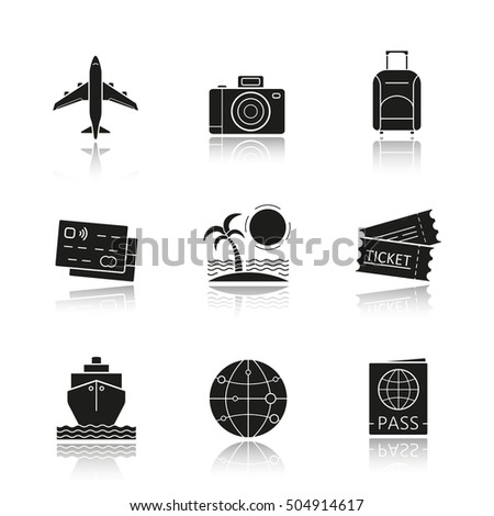Travel and tourism drop shadow black icons set. Credit cards, tropical island, globe map model, cruise ship, passport, airplane flight, photo camera, suitcase, tickets. Isolated vector illustrations